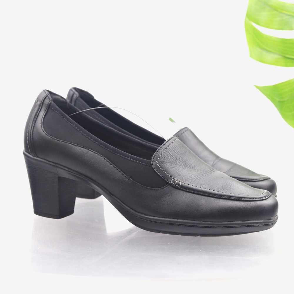 Clarks Womens Loafers Pump Size 10 Black Leather Block Heel Comfort Work Shoes